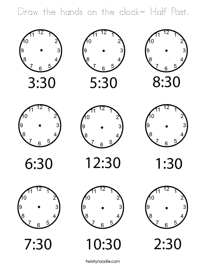 Draw the hands on the clock- Half Past. Coloring Page