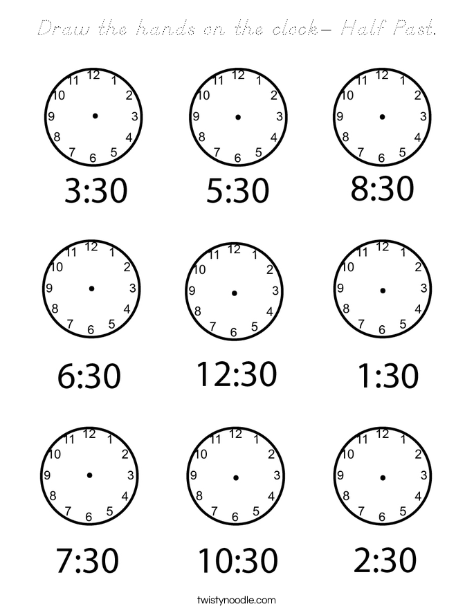 Draw the hands on the clock- Half Past. Coloring Page