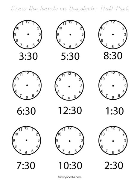 Draw the hands on the clock- Half Past Coloring Page