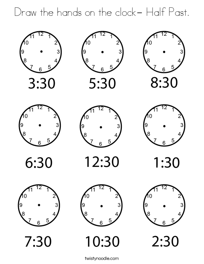 Draw the hands on the clock- Half Past. Coloring Page