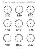 Draw the hands on the clock- Half Past Coloring Page