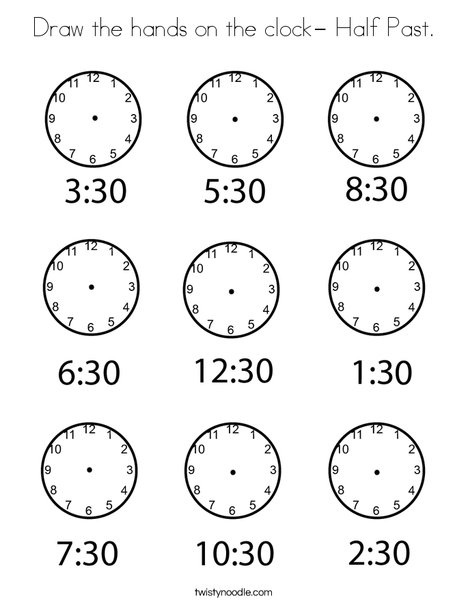 Draw the hands on the clock- Half Past Coloring Page