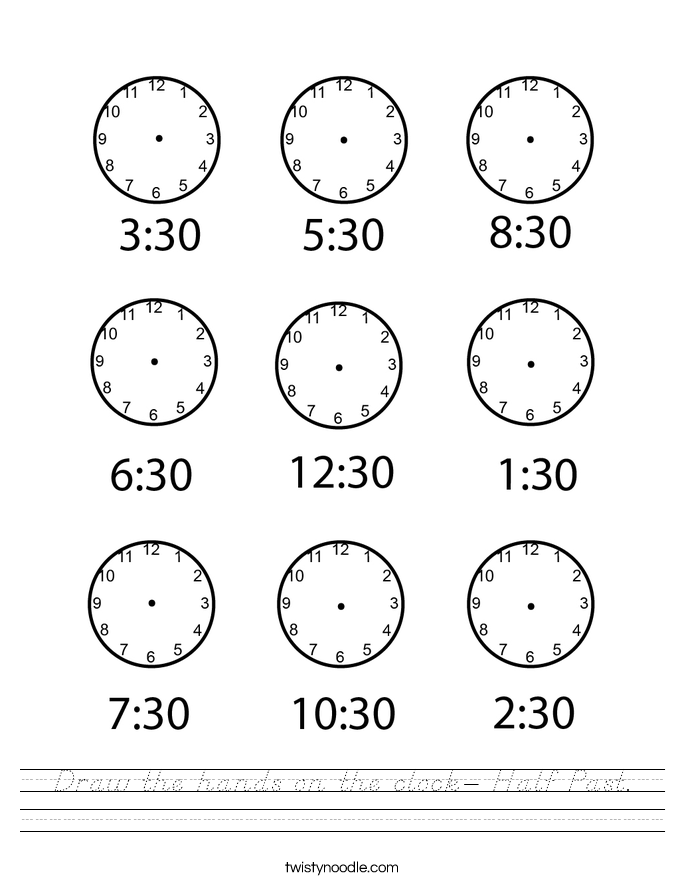 Draw the hands on the clock- Half Past. Worksheet