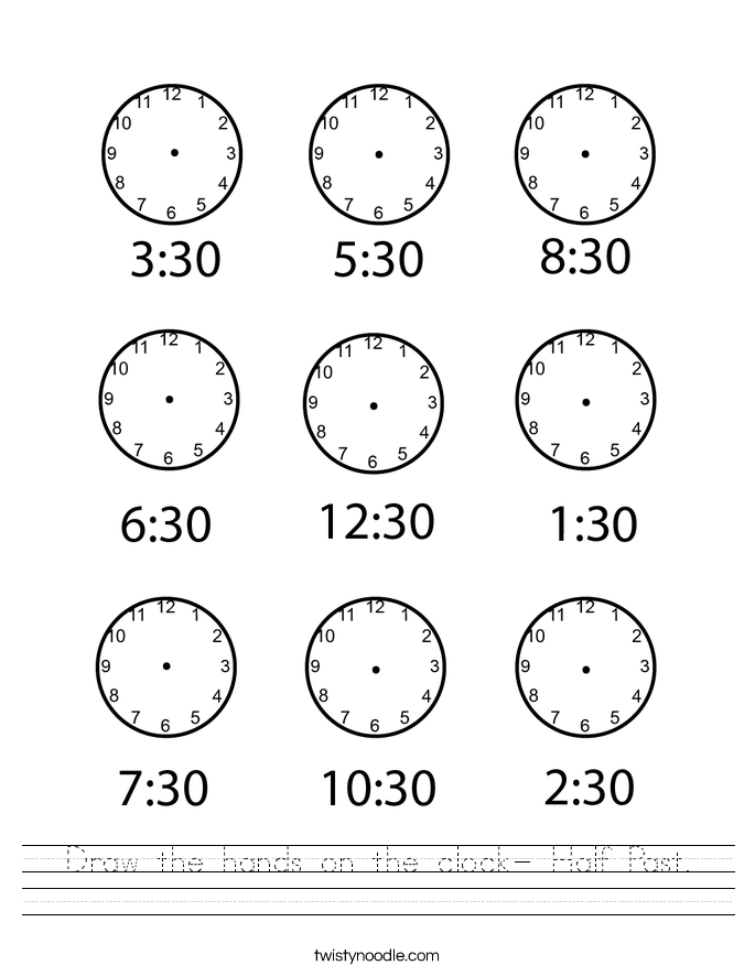 Draw the hands on the clock- Half Past. Worksheet