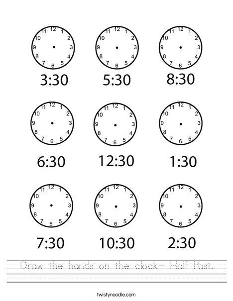Draw the hands on the clock- Half Past Worksheet