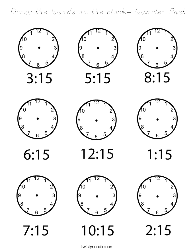 Draw the hands on the clock- Quarter Past Coloring Page - D'Nealian