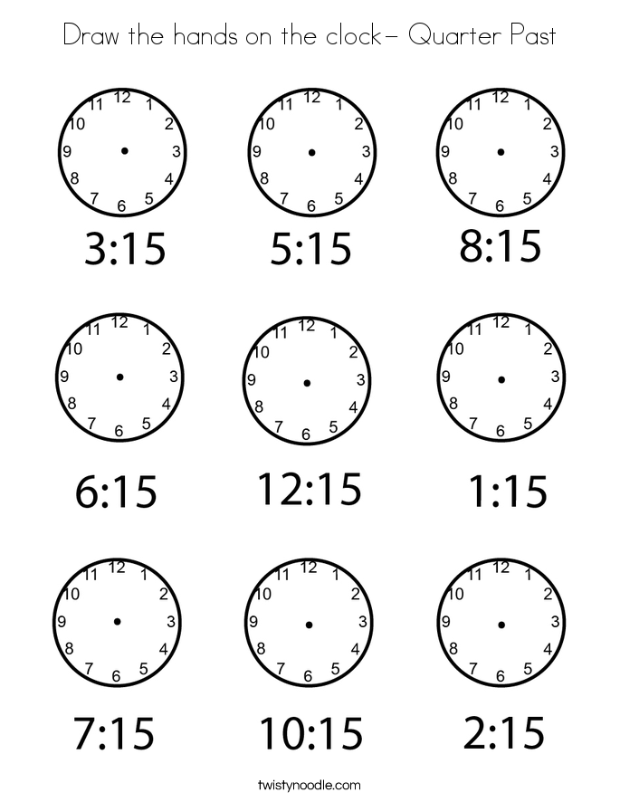 Draw the hands on the clock- Quarter Past Coloring Page