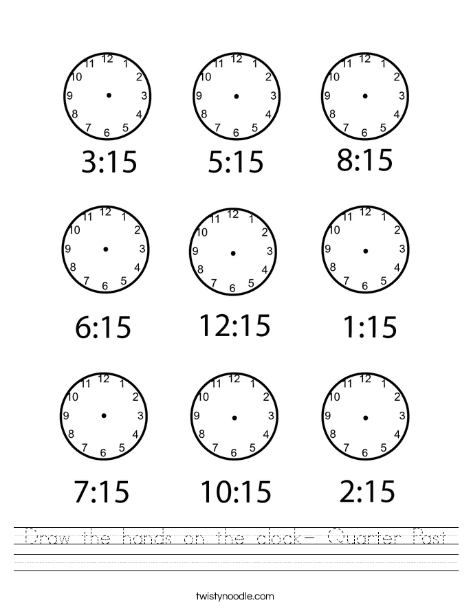 Draw the hands on the clock- Quarter Past Worksheet