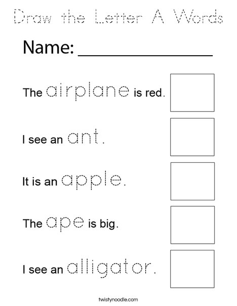 Draw the Letter A Words Coloring Page