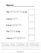 Draw the Letter A Words Handwriting Sheet