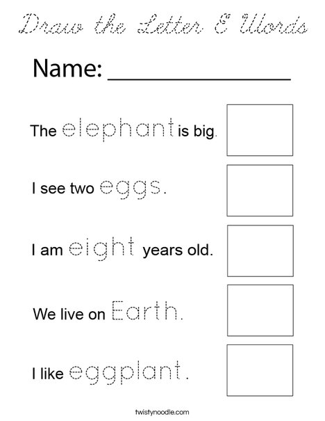 Draw the Letter E Words Coloring Page