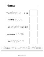 Draw the Letter E Words Handwriting Sheet