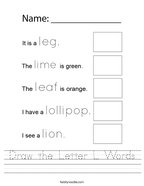 Draw the Letter L Words Handwriting Sheet