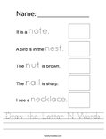 Draw the Letter N Words Worksheet