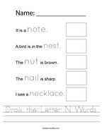 Draw the Letter N Words Handwriting Sheet