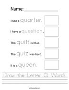 Draw the Letter Q Words Handwriting Sheet