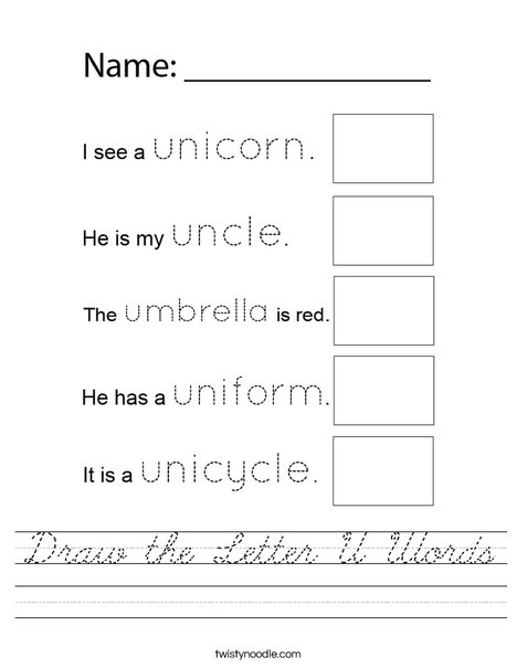 Draw the Letter U Words Worksheet