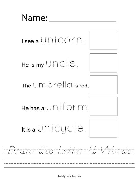 Draw the Letter U Words Worksheet