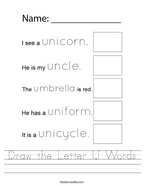 Draw the Letter U Words Handwriting Sheet