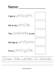 Draw the Letter U Words Handwriting Sheet