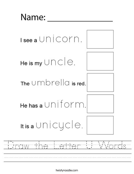 Draw the Letter U Words Worksheet