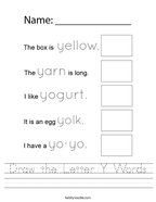 Draw the Letter Y Words Handwriting Sheet