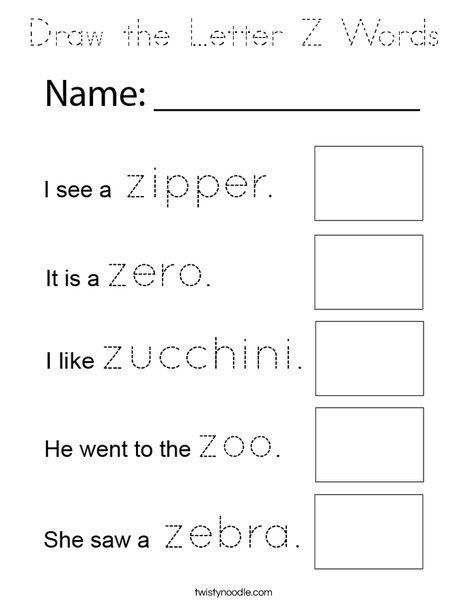 Draw the Letter Z Words Coloring Page