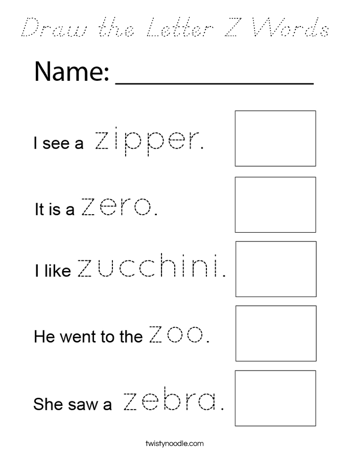 Draw the Letter Z Words Coloring Page