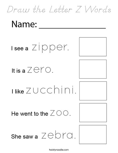 Draw the Letter Z Words Coloring Page