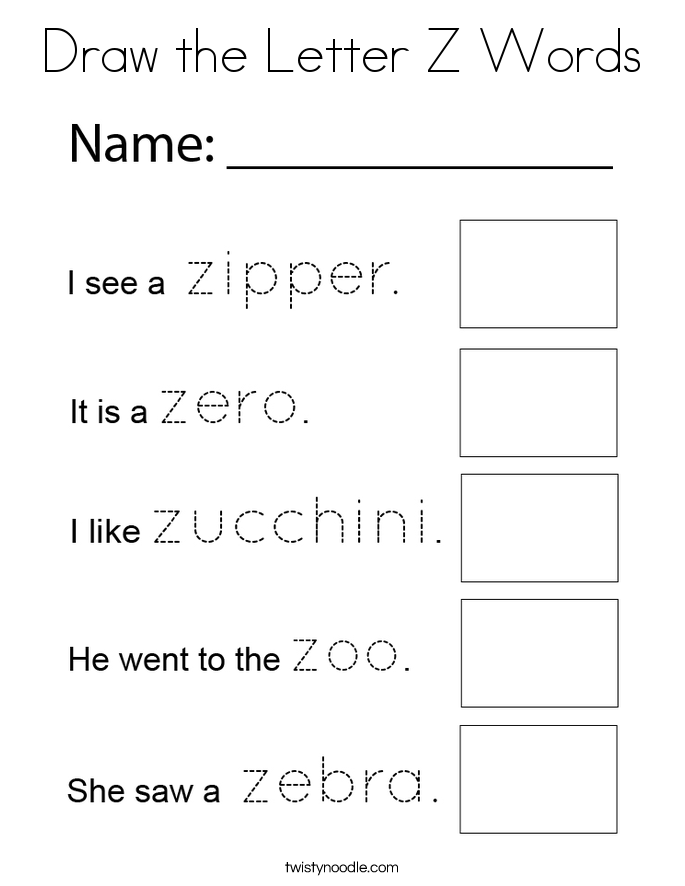 Draw the Letter Z Words Coloring Page