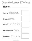 Draw the Letter Z Words Coloring Page