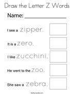 Draw the Letter Z Words Coloring Page