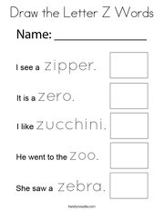 Draw the Letter Z Words Coloring Page