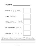 Draw the Letter Z Words Handwriting Sheet