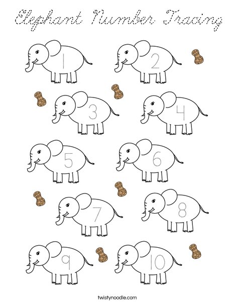 Elephant Number Tracing Coloring Page
