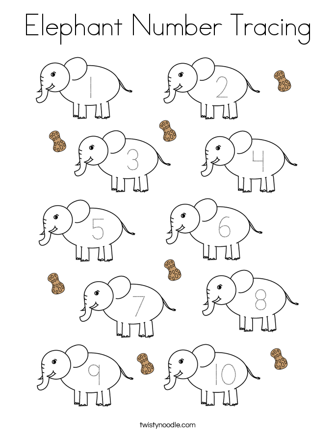Elephant Number Tracing Coloring Page