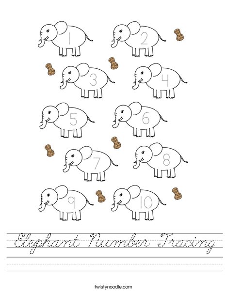 Elephant Number Tracing Worksheet
