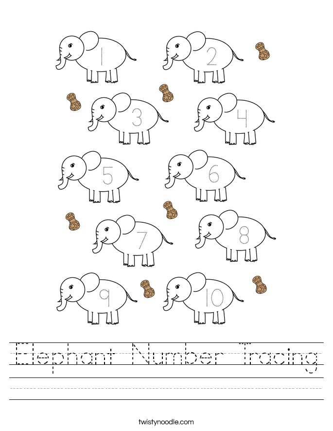 Elephant Number Tracing Worksheet