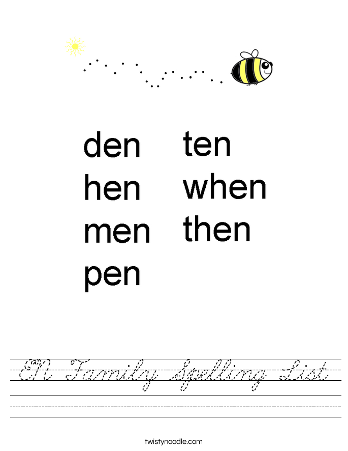 EN Family Spelling List Worksheet