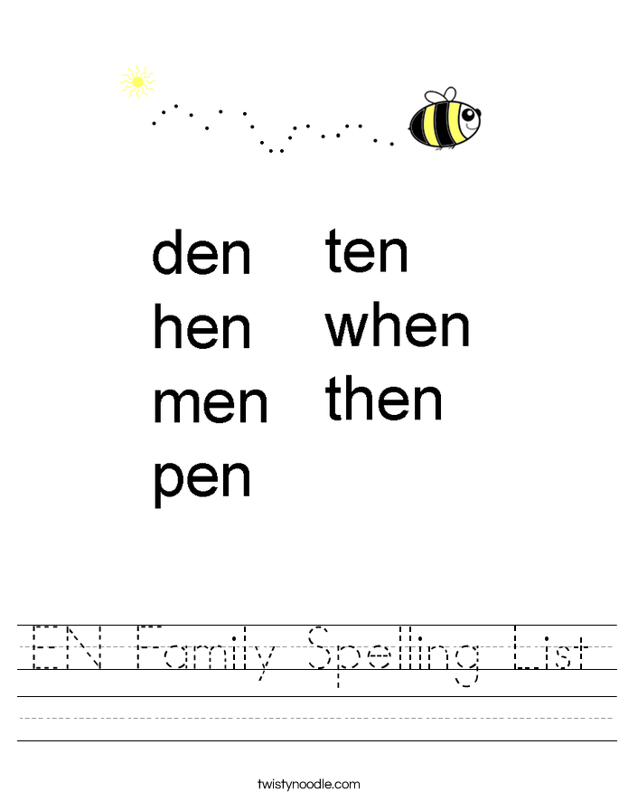 EN Family Spelling List Worksheet