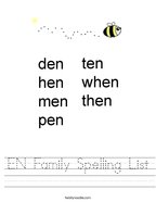 EN Family Spelling List Handwriting Sheet