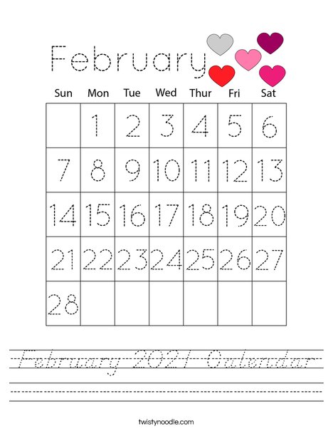 February 2021 Calendar Worksheet