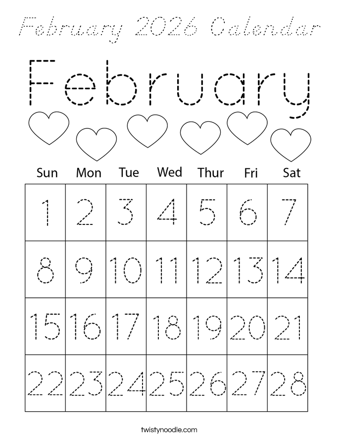 February 2026 Calendar Coloring Page