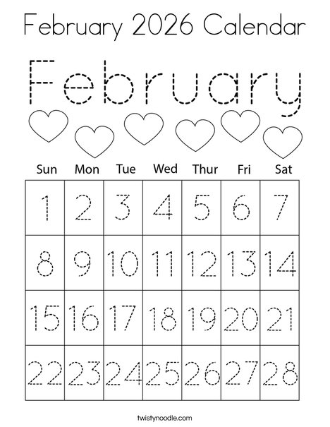 February 2026 Calendar Coloring Page