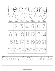 February 2026 Calendar Handwriting Sheet