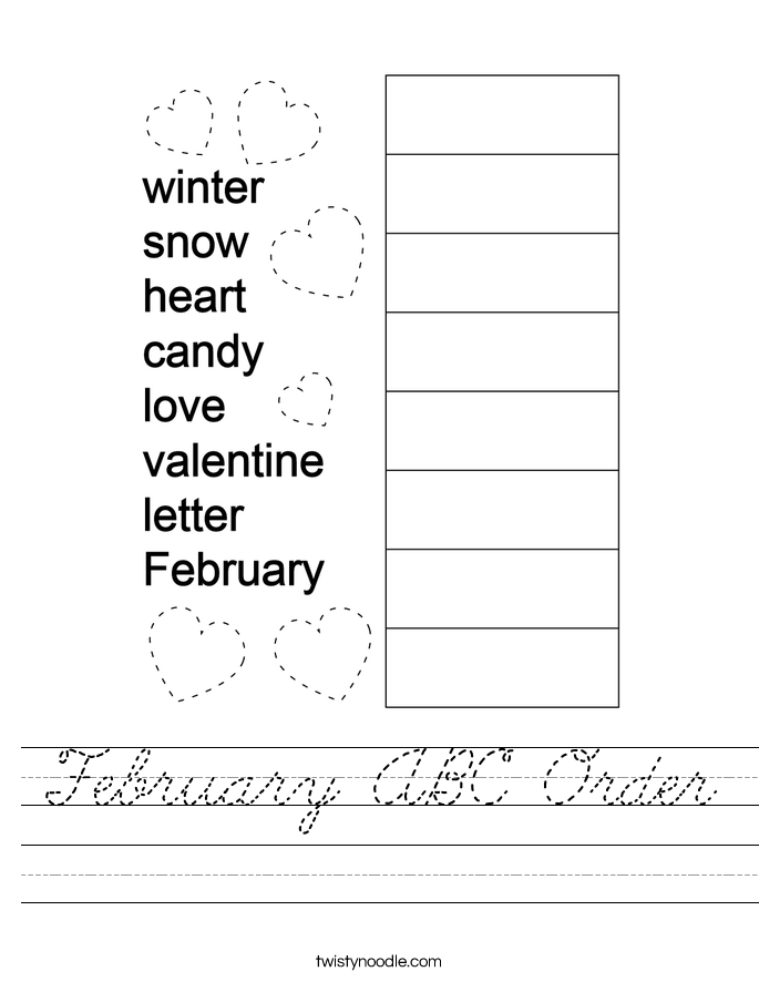 february abc order worksheet cursive twisty noodle