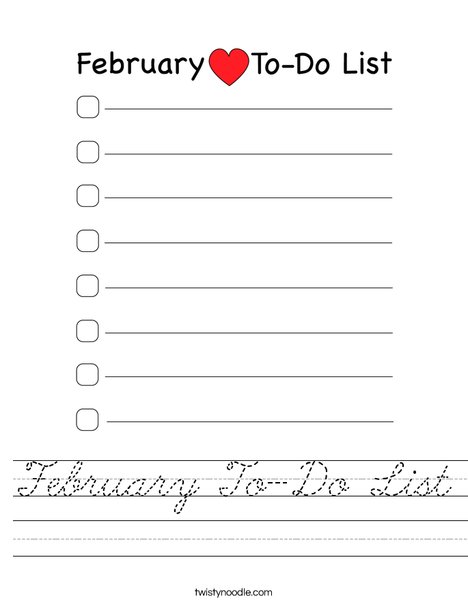 February To Do List Worksheet