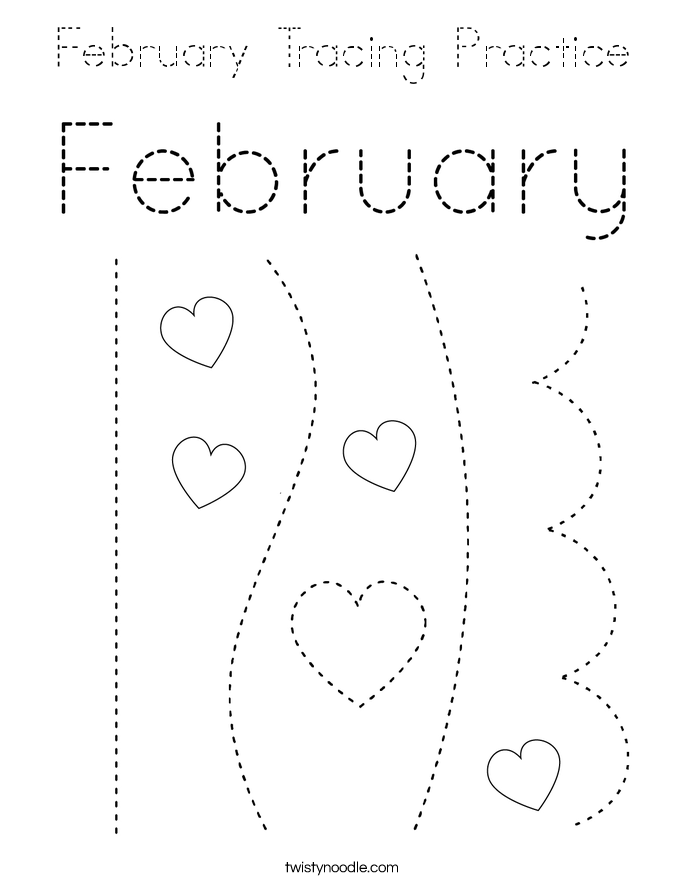 February Tracing Practice Coloring Page