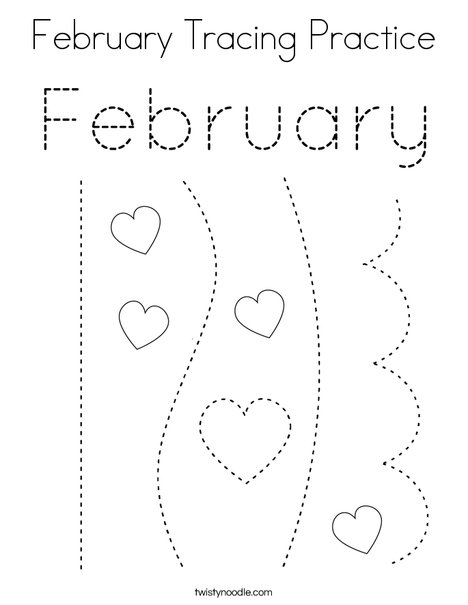 February Tracing Practice Coloring Page