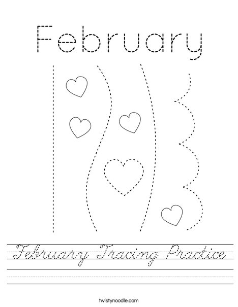 February Tracing Practice Worksheet